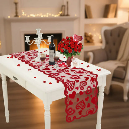 Red Heart Lace Table Runner - Romantic Valentine's Day Dining Decor