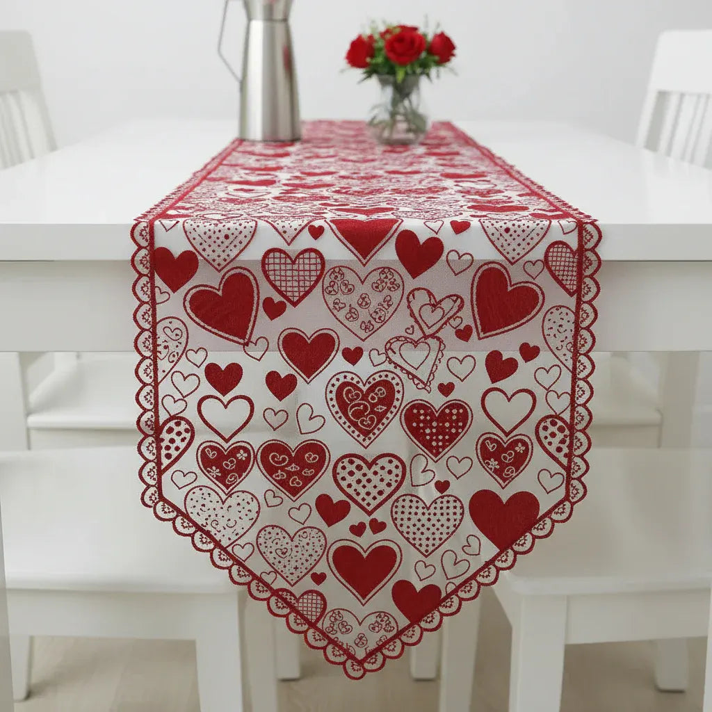 Red Heart Lace Table Runner - Romantic Valentine's Day Dining Decor
