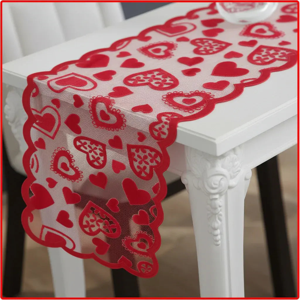 Red Heart Lace Table Runner - Romantic Valentine's Day Dining Decor