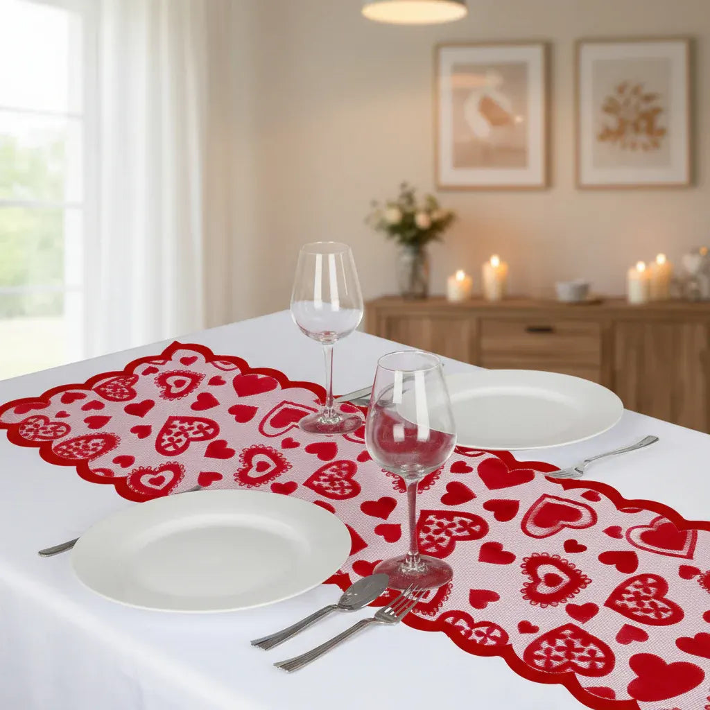 Red Heart Lace Table Runner - Romantic Valentine's Day Dining Decor
