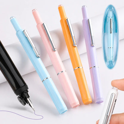 Retractable Stainless Steel Fountain Pen with Refillable Ink Cartridge