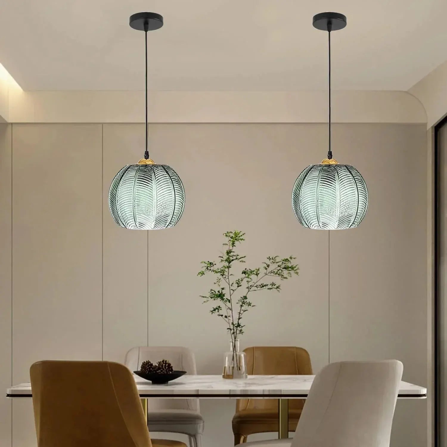 Retro Ribbed Glass Pumpkin Pendant Lamp | Green Hanging Ceiling Light