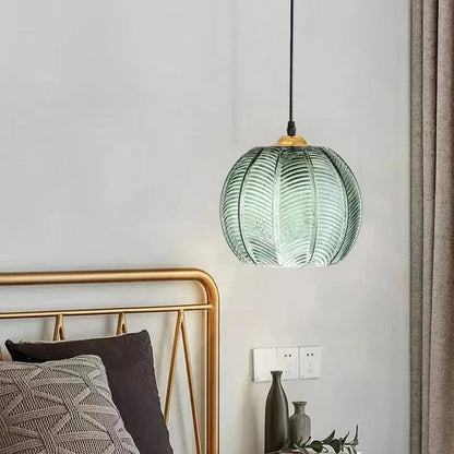 Retro Ribbed Glass Pumpkin Pendant Lamp | Green Hanging Ceiling Light