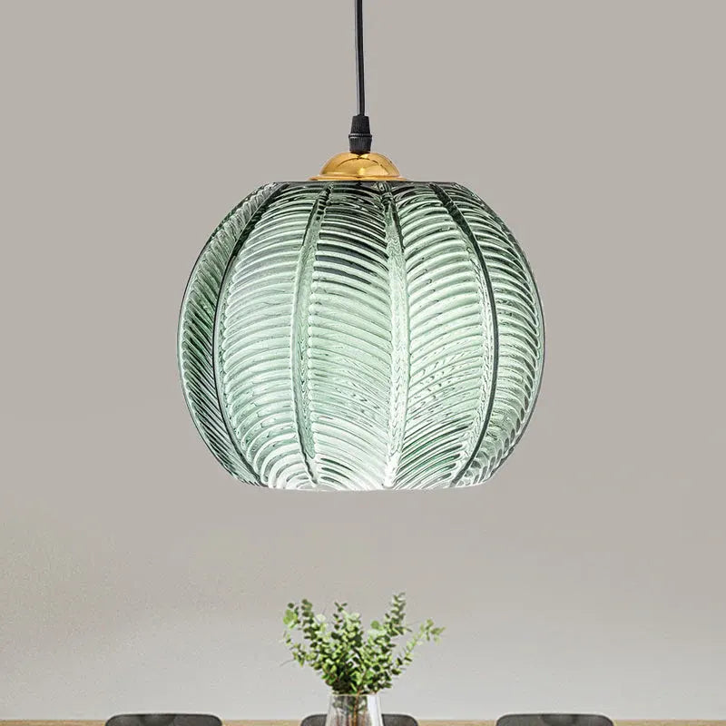 Retro Ribbed Glass Pumpkin Pendant Lamp | Green Hanging Ceiling Light