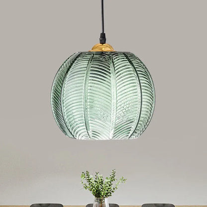 Retro Ribbed Glass Pumpkin Pendant Lamp | Green Hanging Ceiling Light