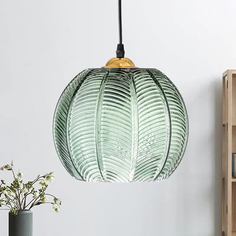 Retro Ribbed Glass Pumpkin Pendant Lamp | Green Hanging Ceiling Light