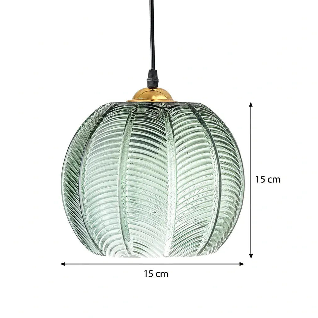 Retro Ribbed Glass Pumpkin Pendant Lamp | Green Hanging Ceiling Light