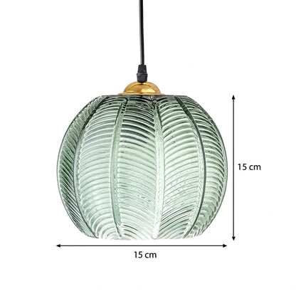 Retro Ribbed Glass Pumpkin Pendant Lamp | Green Hanging Ceiling Light