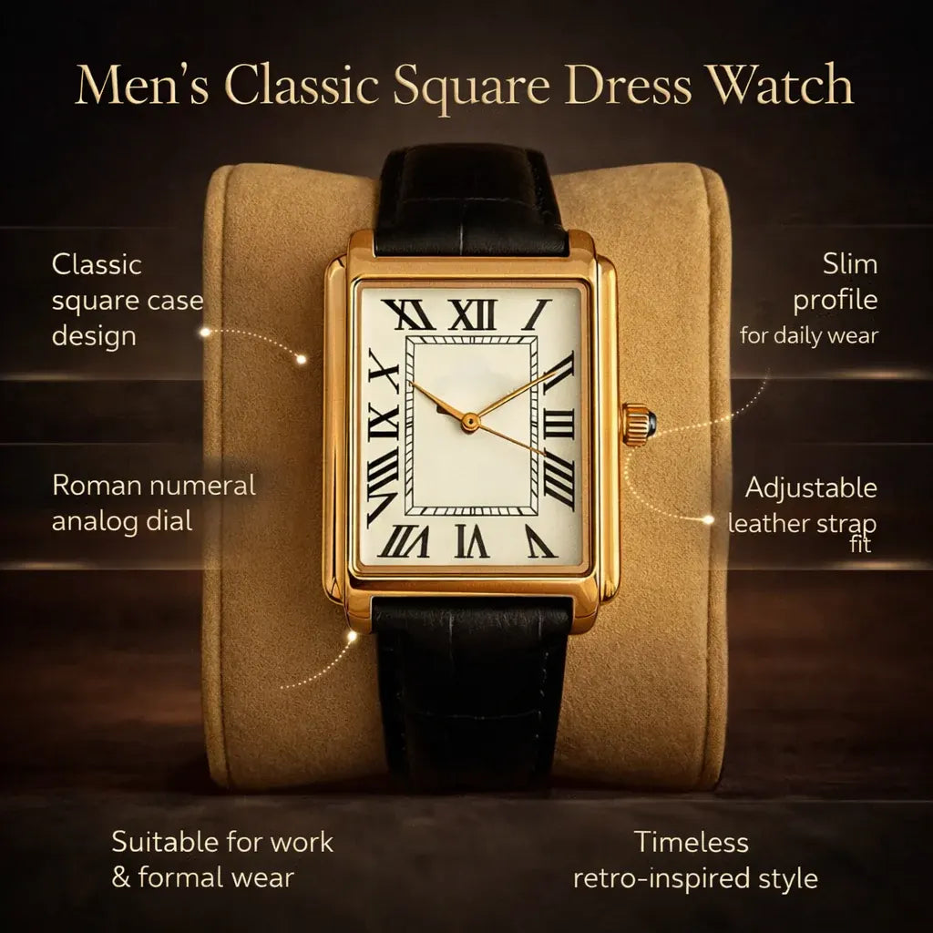 Retro Square-Faced Men's Analog Dress Watch Classic Design