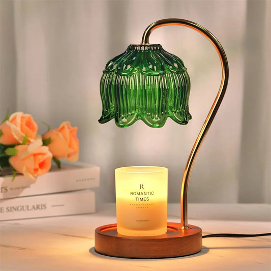 Retro Wax Melt Warmer Lamp with Glass Shade and Solid Wood Base