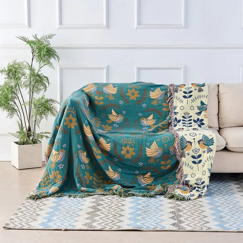 Reversible Cooling Throw Blanket with Layered Decorative Design