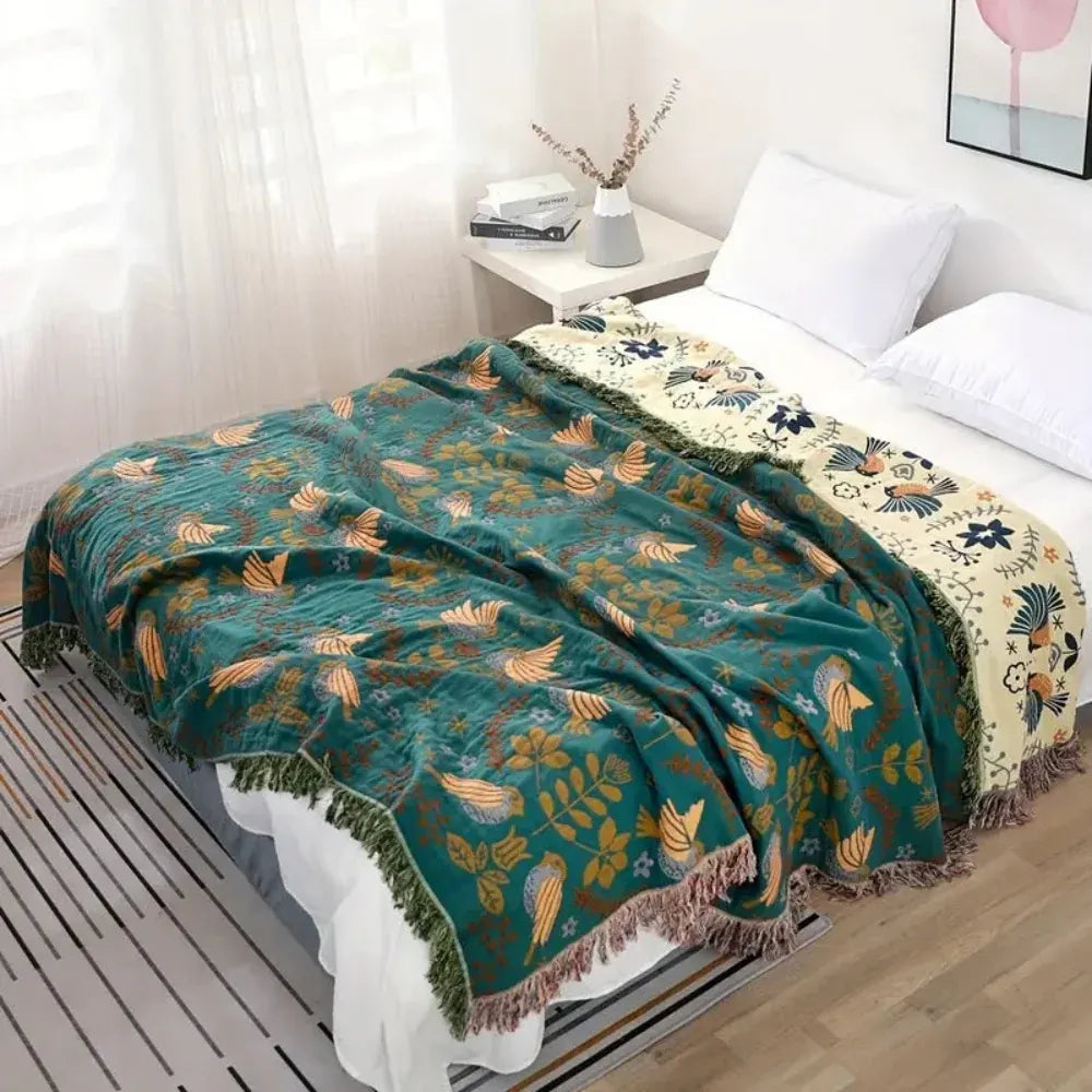 Reversible Cooling Throw Blanket with Layered Decorative Design
