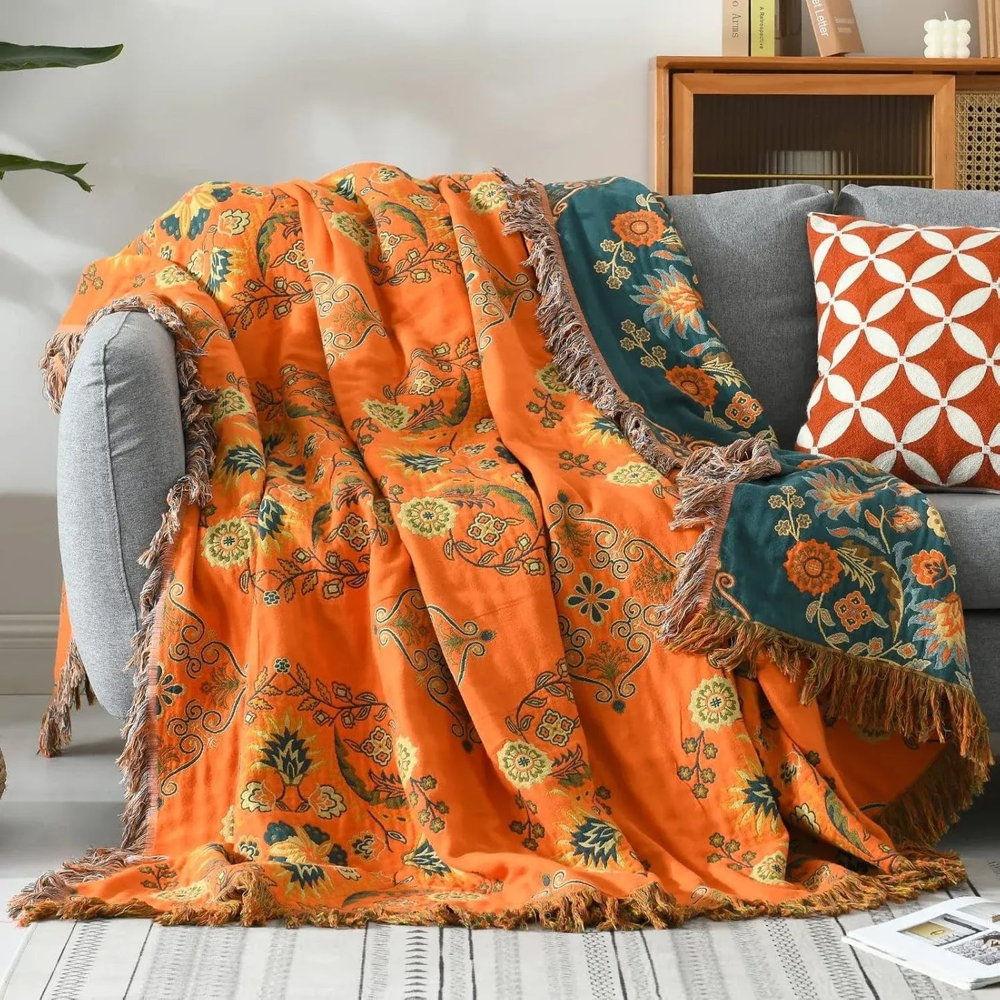 Reversible Floral Cotton Gauze Throw Blanket for Sofa & Bed