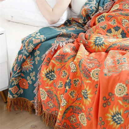 Reversible Floral Cotton Gauze Throw Blanket for Sofa & Bed