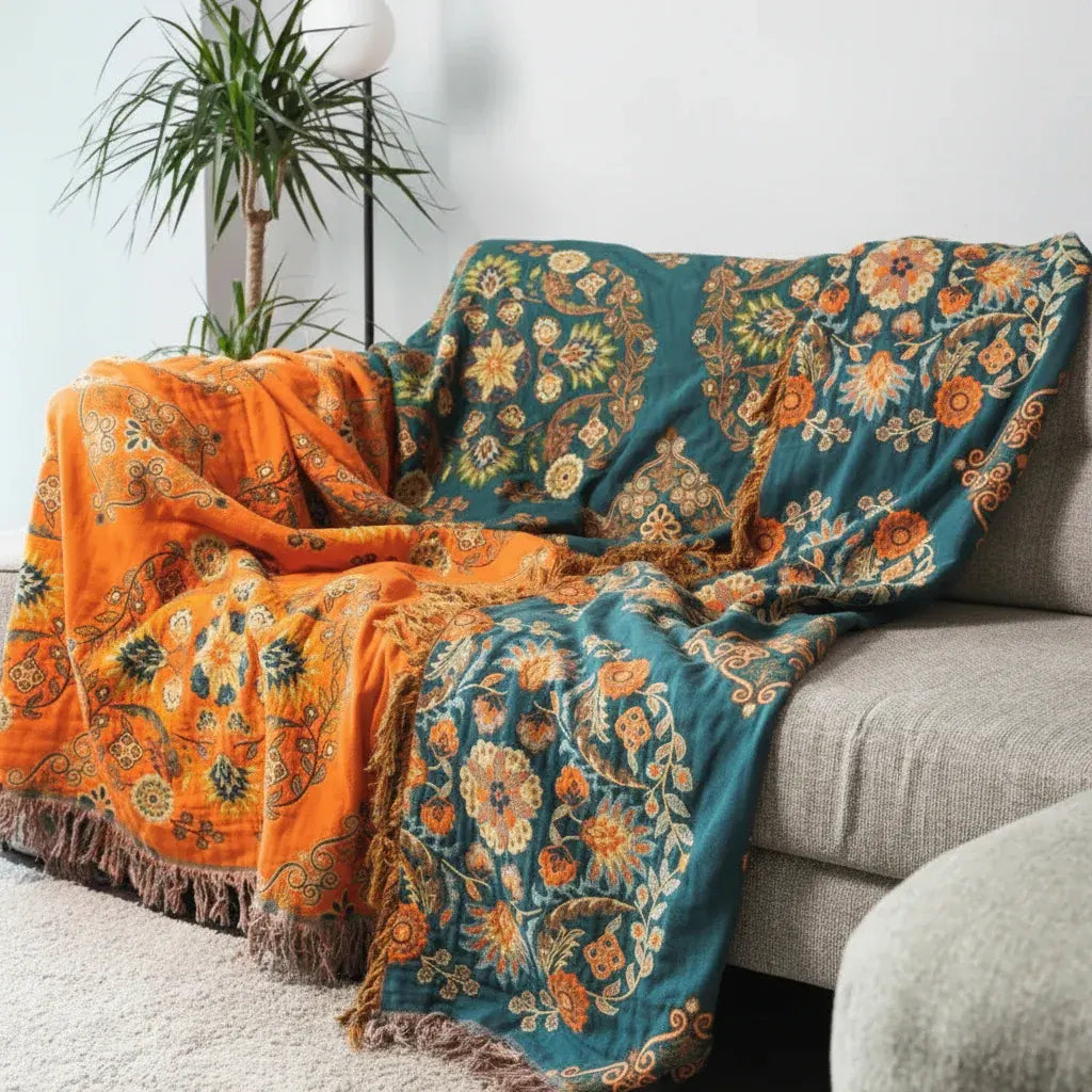 Reversible Floral Cotton Gauze Throw Blanket for Sofa & Bed