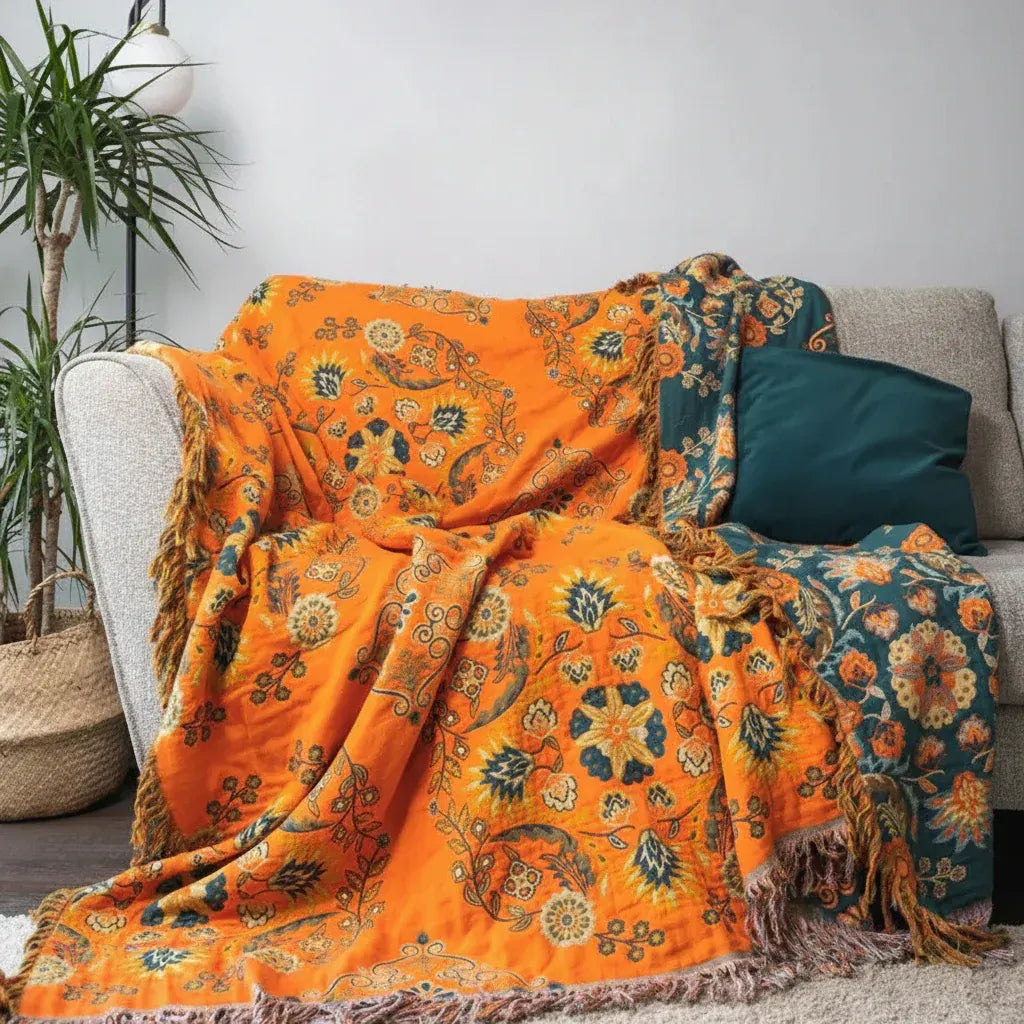 Reversible Floral Cotton Gauze Throw Blanket for Sofa & Bed