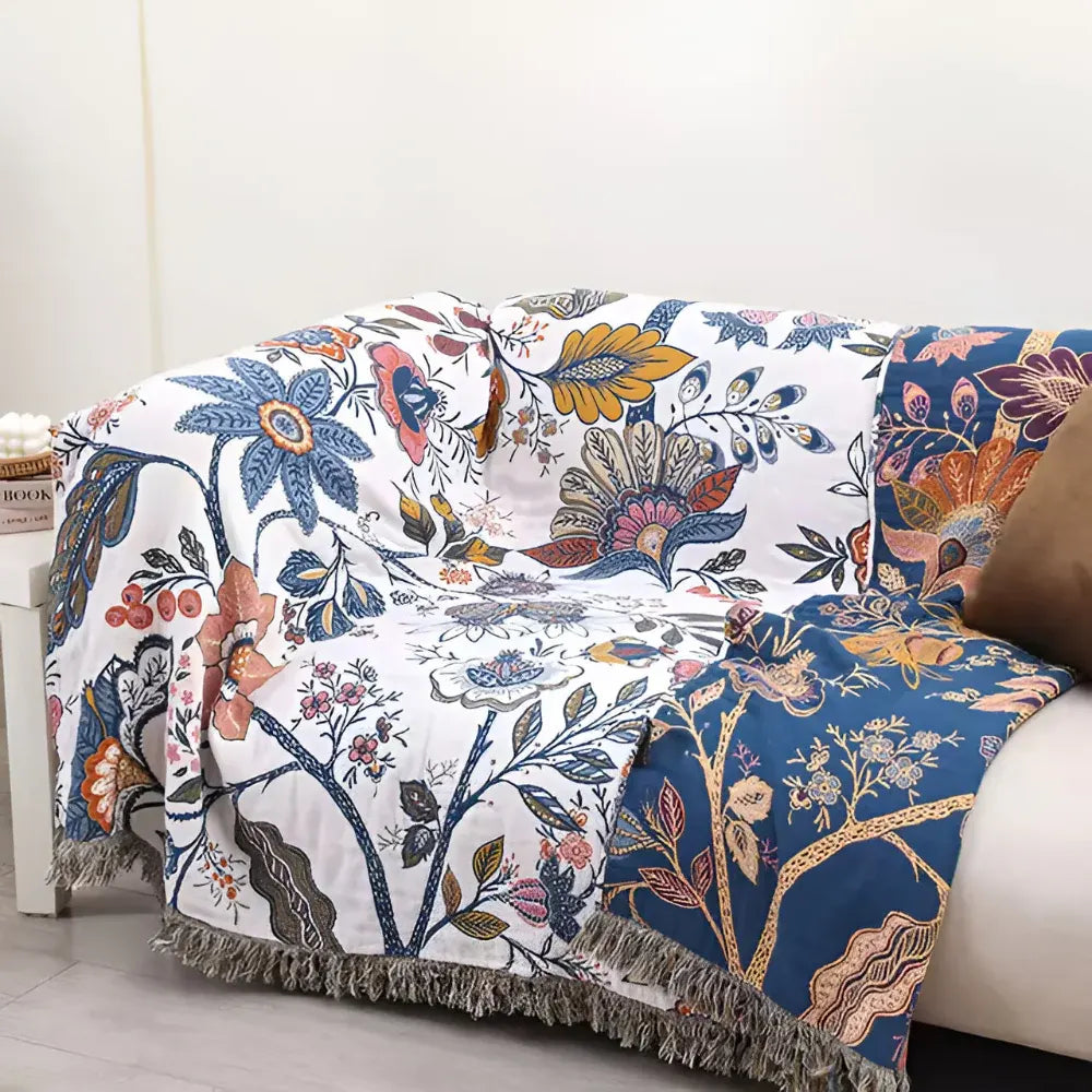 Reversible Floral Throw Blanket with Tassel Trim