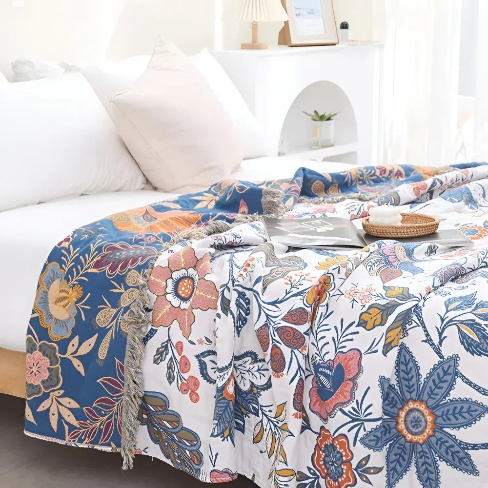 Reversible Floral Throw Blanket with Tassel Trim