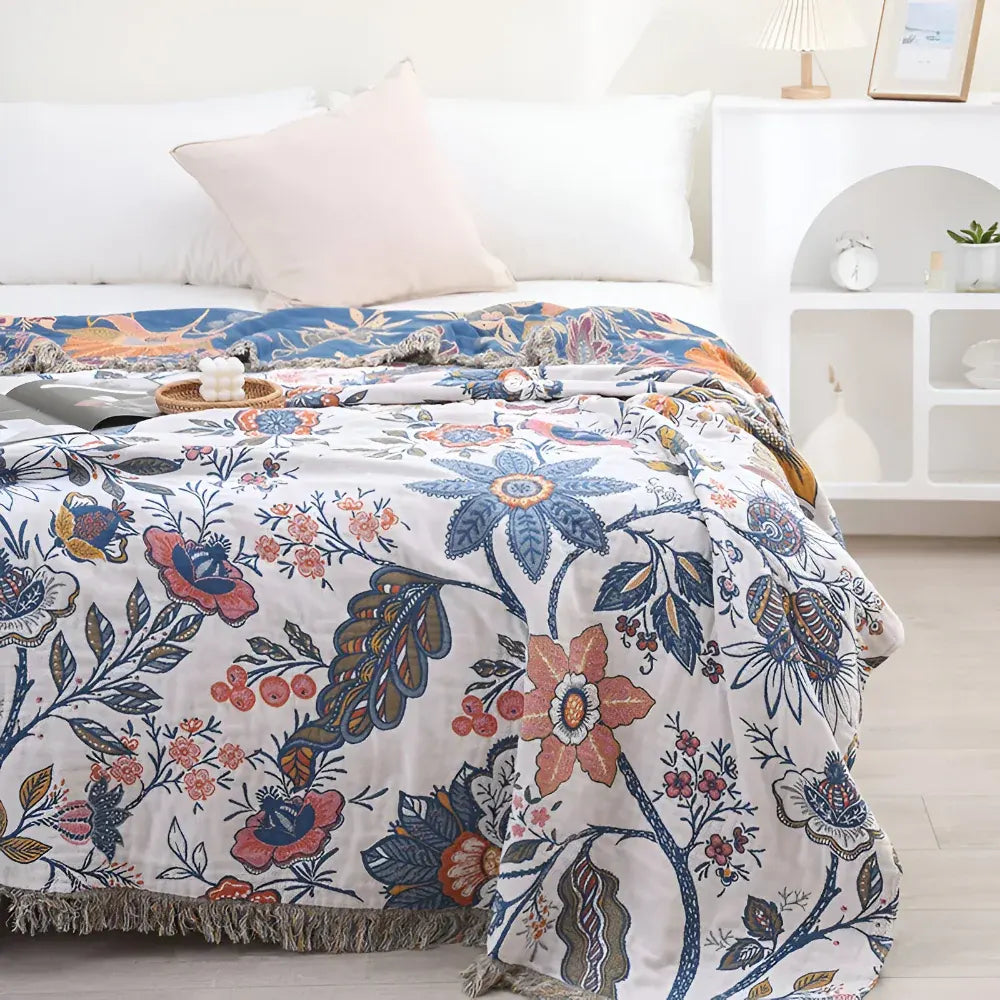 Reversible Floral Throw Blanket with Tassel Trim