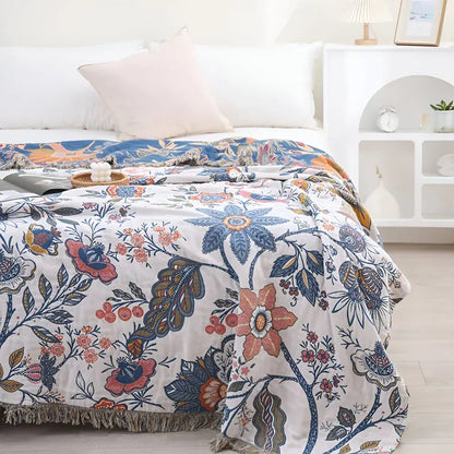 Reversible Floral Throw Blanket with Tassel Trim