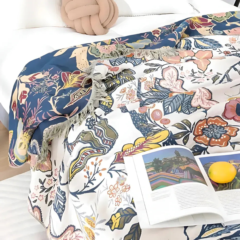 Reversible Floral Throw Blanket with Tassel Trim