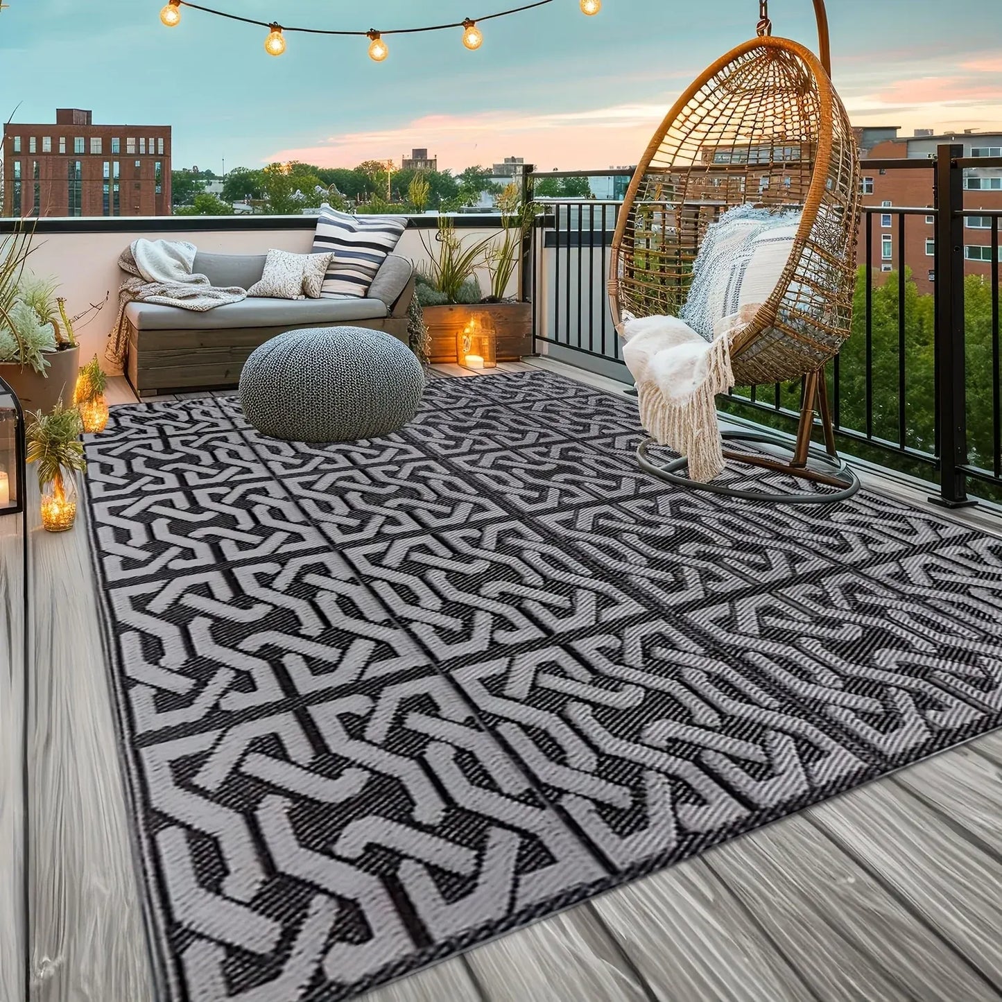 Reversible Outdoor Patio Mat | Black & Grey Modern Rug