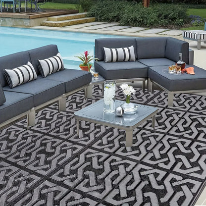 Reversible Outdoor Patio Mat | Black & Grey Modern Rug