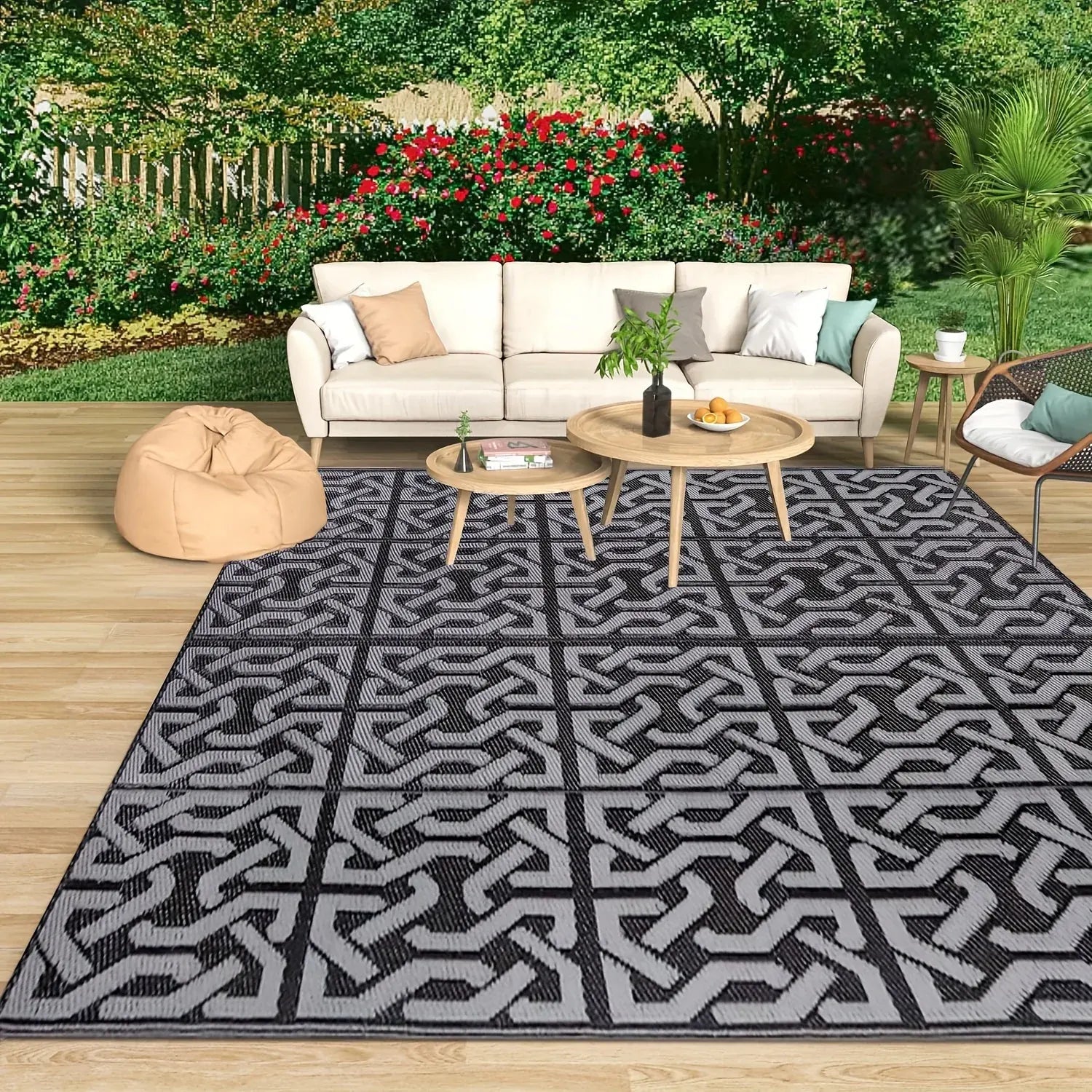 Reversible Outdoor Patio Mat | Black & Grey Modern Rug