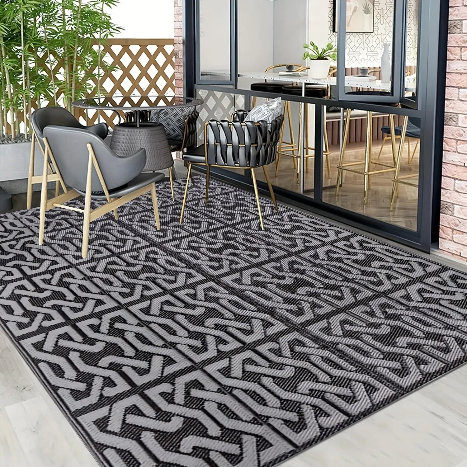 Reversible Outdoor Patio Mat | Black & Grey Modern Rug