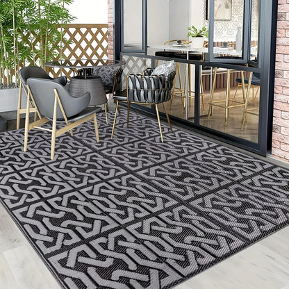 Reversible Outdoor Patio Mat | Black & Grey Modern Rug