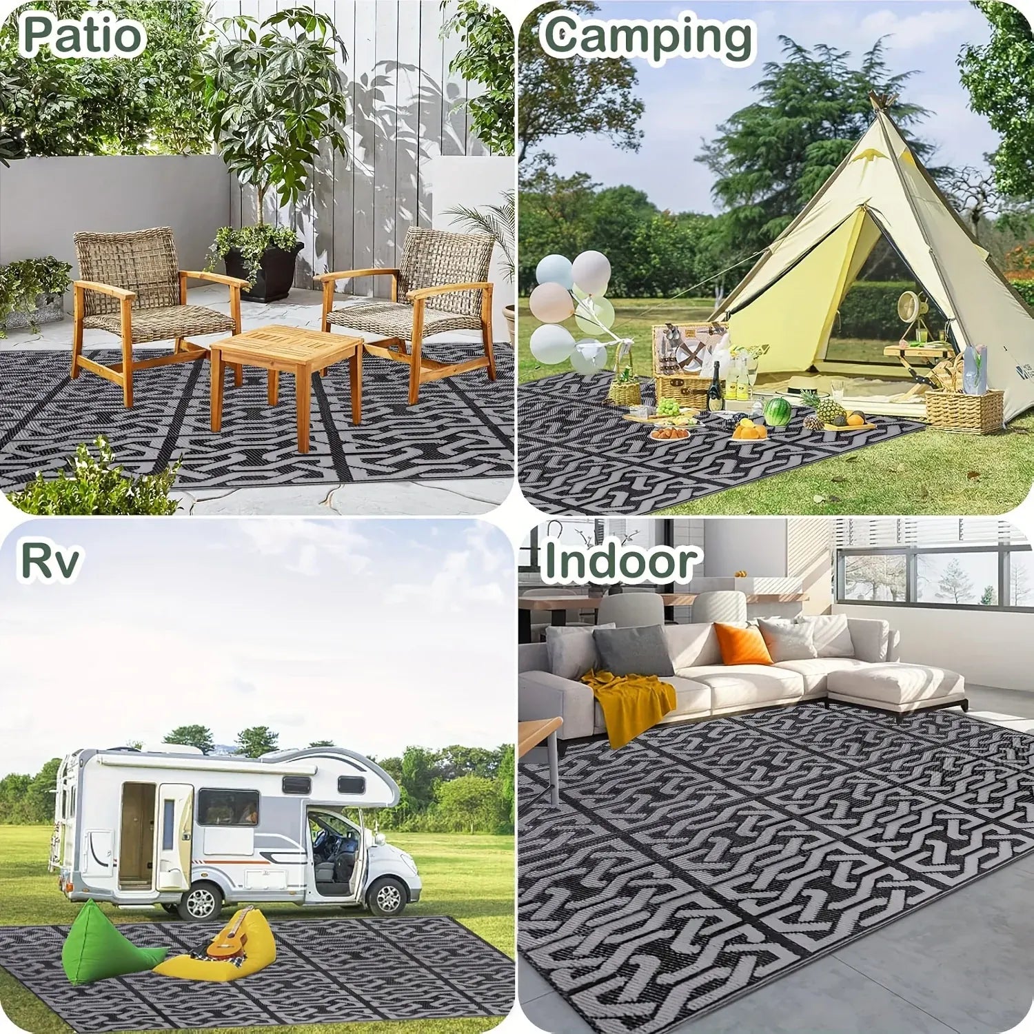 Reversible Outdoor Patio Mat | Black & Grey Modern Rug