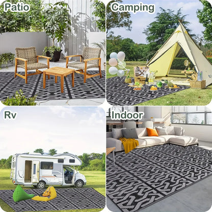 Reversible Outdoor Patio Mat | Black & Grey Modern Rug