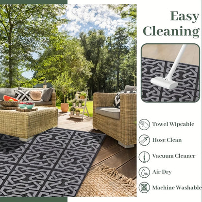 Reversible Outdoor Patio Mat | Black & Grey Modern Rug