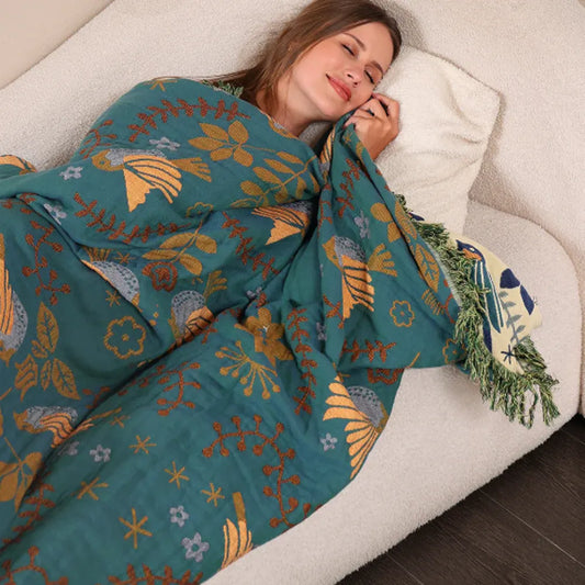 Reversible Scandinavian Bird Pattern Cotton Throw Blanket