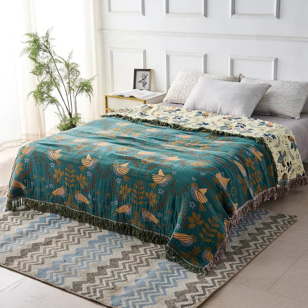 Reversible Scandinavian Bird Pattern Cotton Throw Blanket