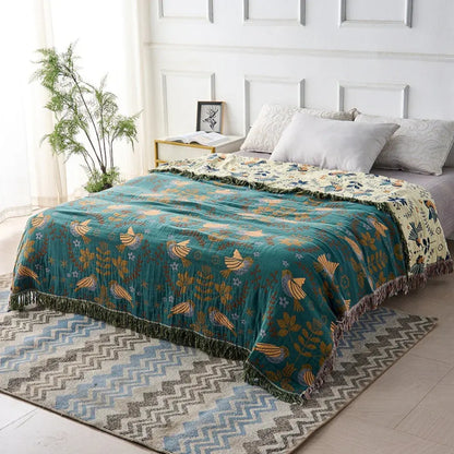 Reversible Scandinavian Bird Pattern Cotton Throw Blanket