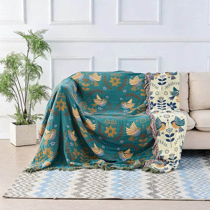 Reversible Scandinavian Bird Pattern Cotton Throw Blanket