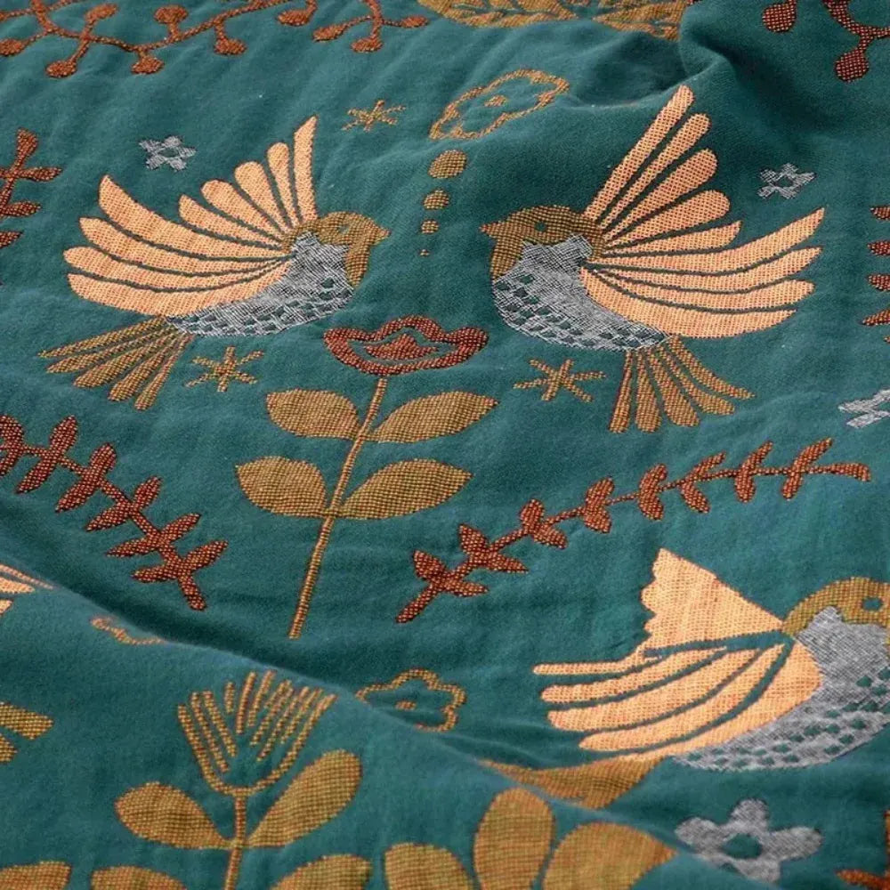 Reversible Scandinavian Bird Pattern Cotton Throw Blanket