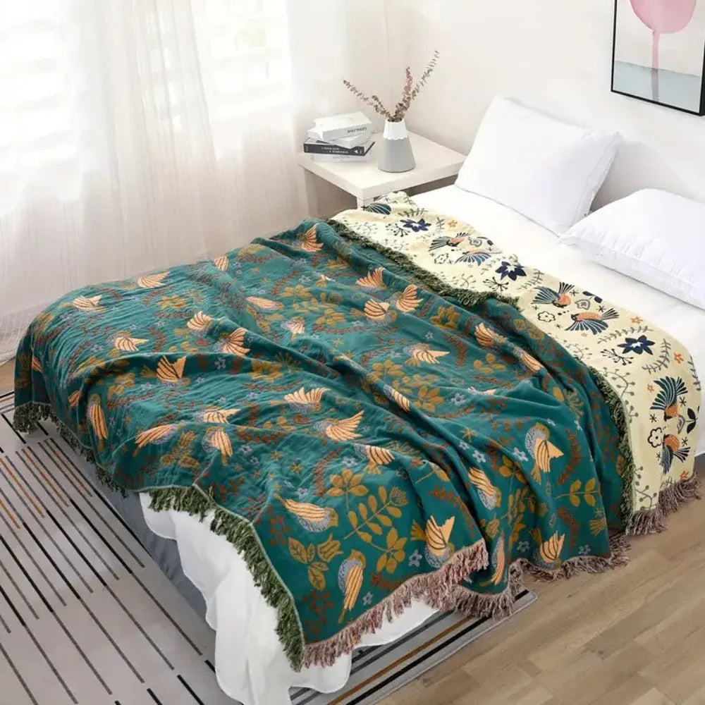 Reversible Scandinavian Bird Pattern Cotton Throw Blanket
