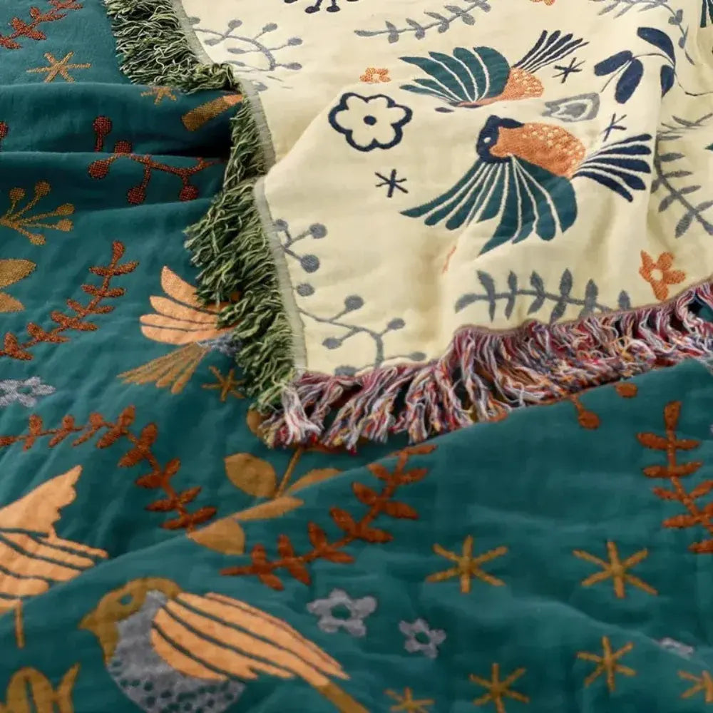 Reversible Scandinavian Bird Pattern Cotton Throw Blanket