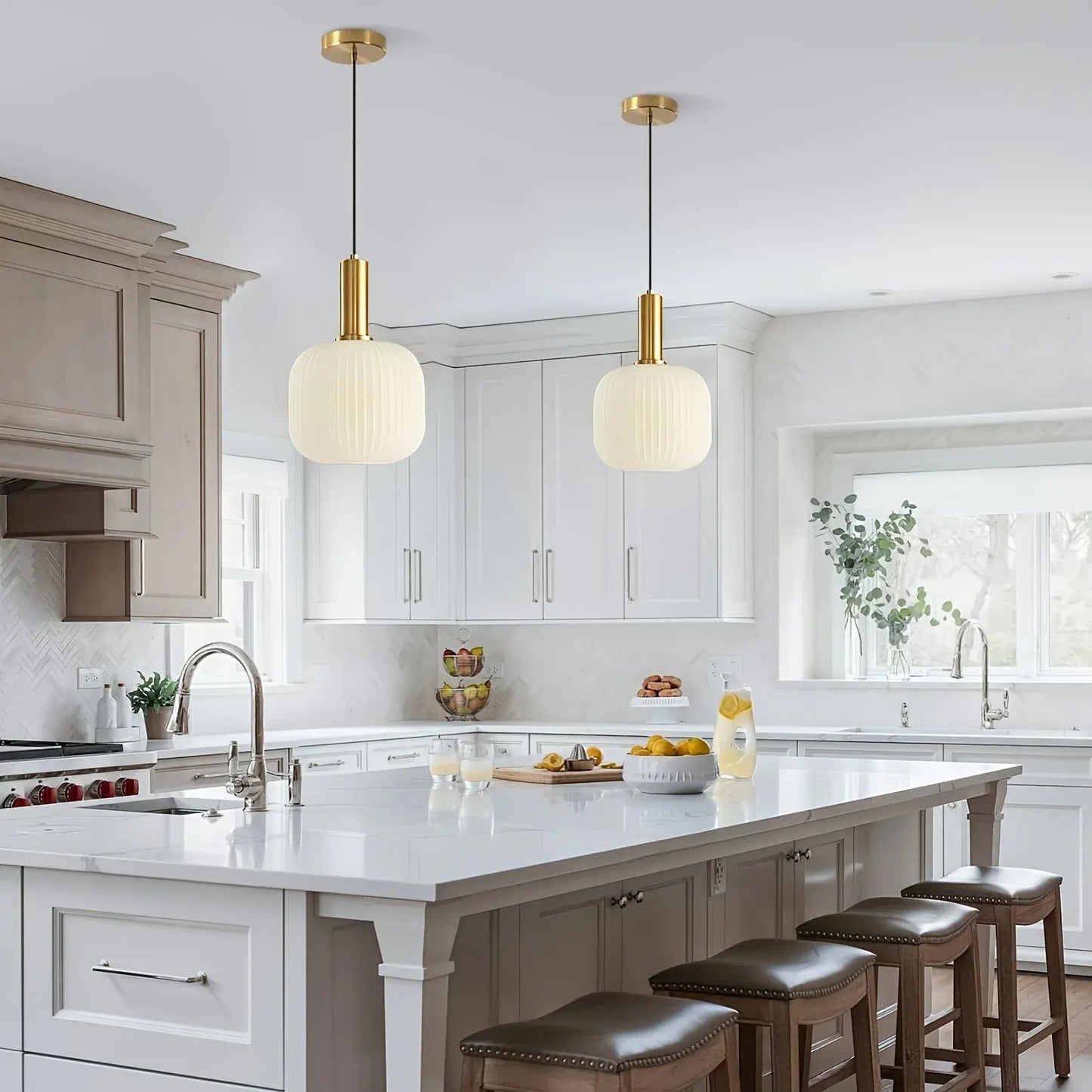 Ribbed Glass Pendant Light with Brass Accent - Modern Striped Shade Design