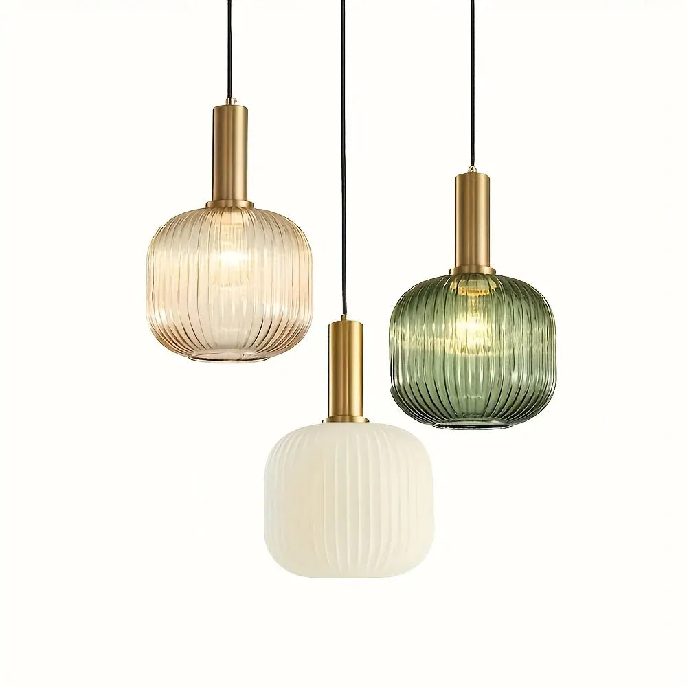 Ribbed Glass Pendant Light with Brass Accent - Modern Striped Shade Design
