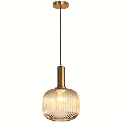 Ribbed Glass Pendant Light with Brass Accent - Modern Striped Shade Design
