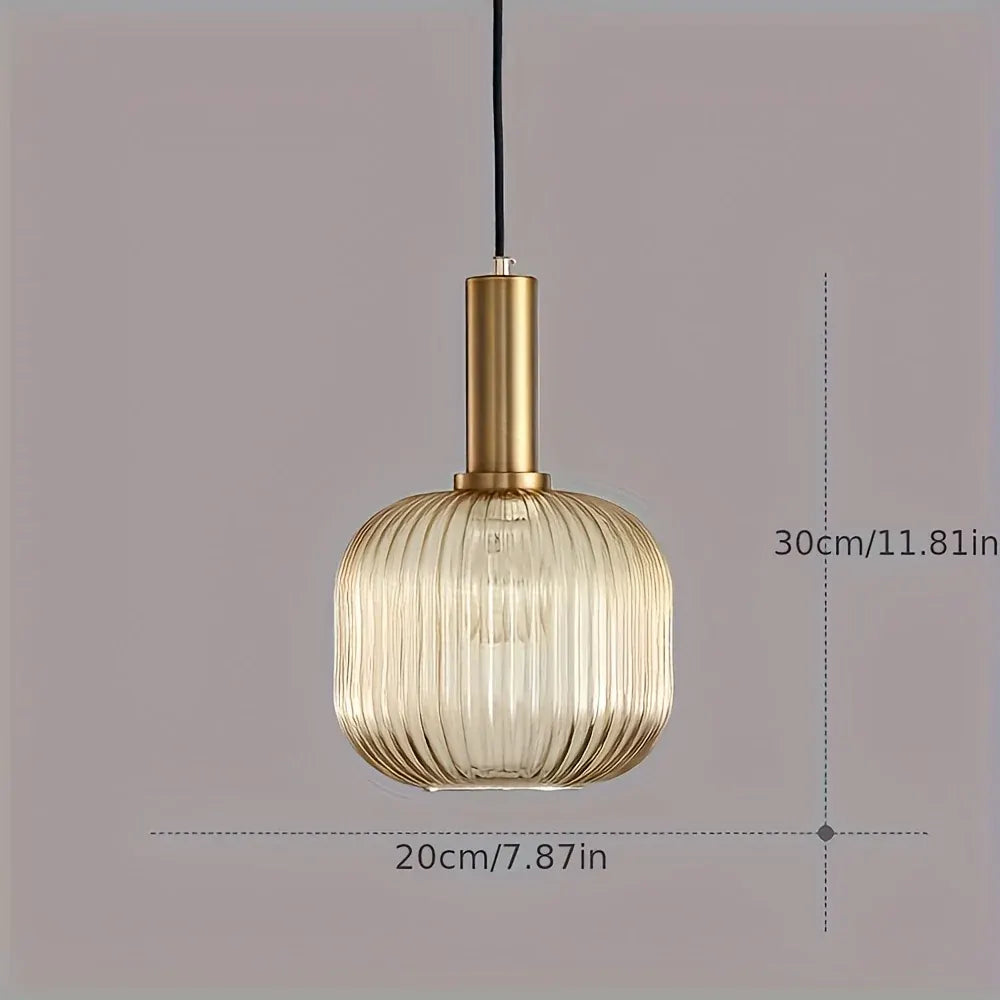 Ribbed Glass Pendant Light with Brass Accent - Modern Striped Shade Design