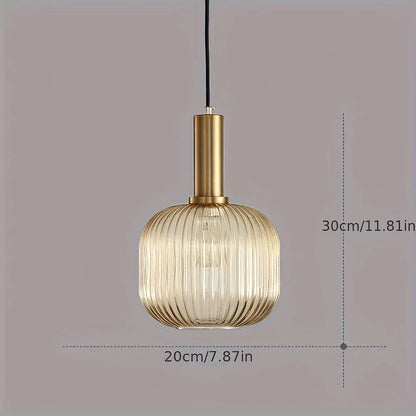 Ribbed Glass Pendant Light with Brass Accent - Modern Striped Shade Design