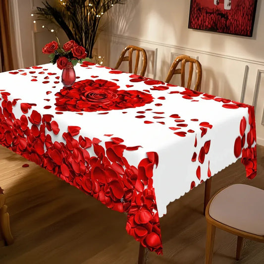 Romantic Rose Petal Heart Polyester Dining Tablecloth