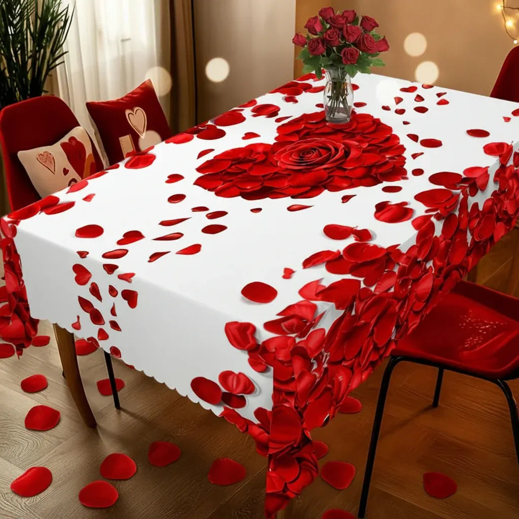 Romantic Rose Petal Heart Polyester Dining Tablecloth