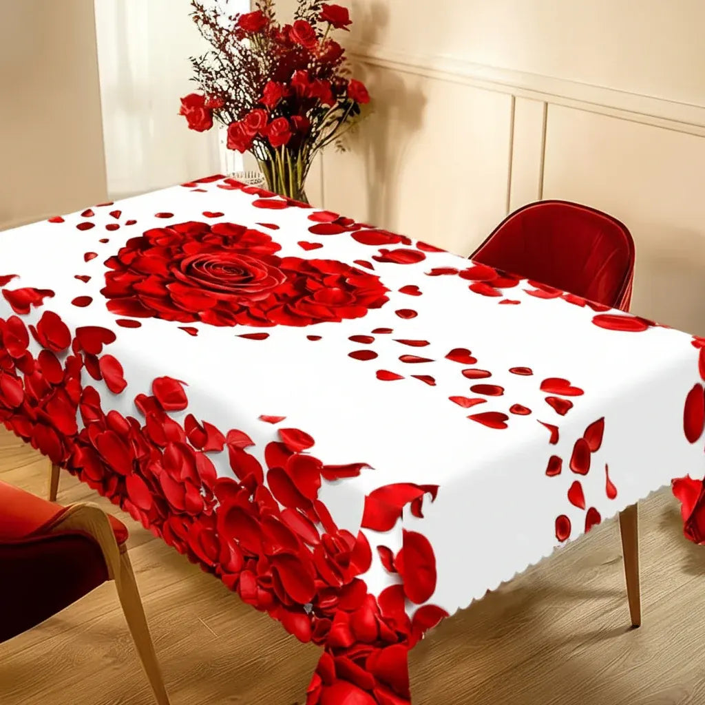 Romantic Rose Petal Heart Polyester Dining Tablecloth