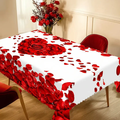Romantic Rose Petal Heart Polyester Dining Tablecloth