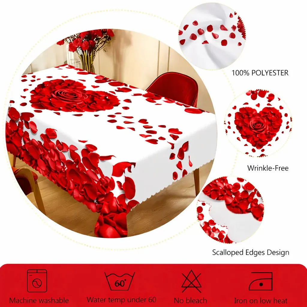 Romantic Rose Petal Heart Polyester Dining Tablecloth